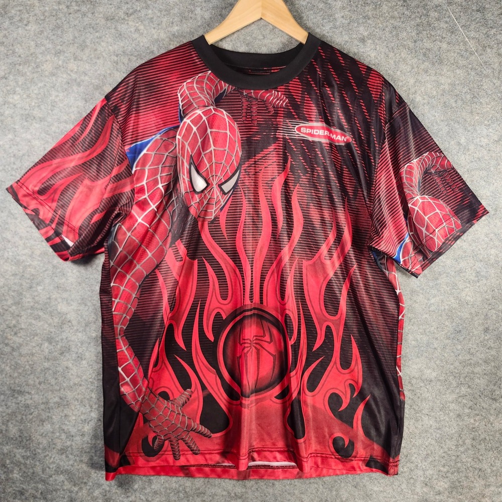 VTG 2004 Spider Man 2 AOP Shirt Y2K Men Large Black Red Flames Marvel Front Back